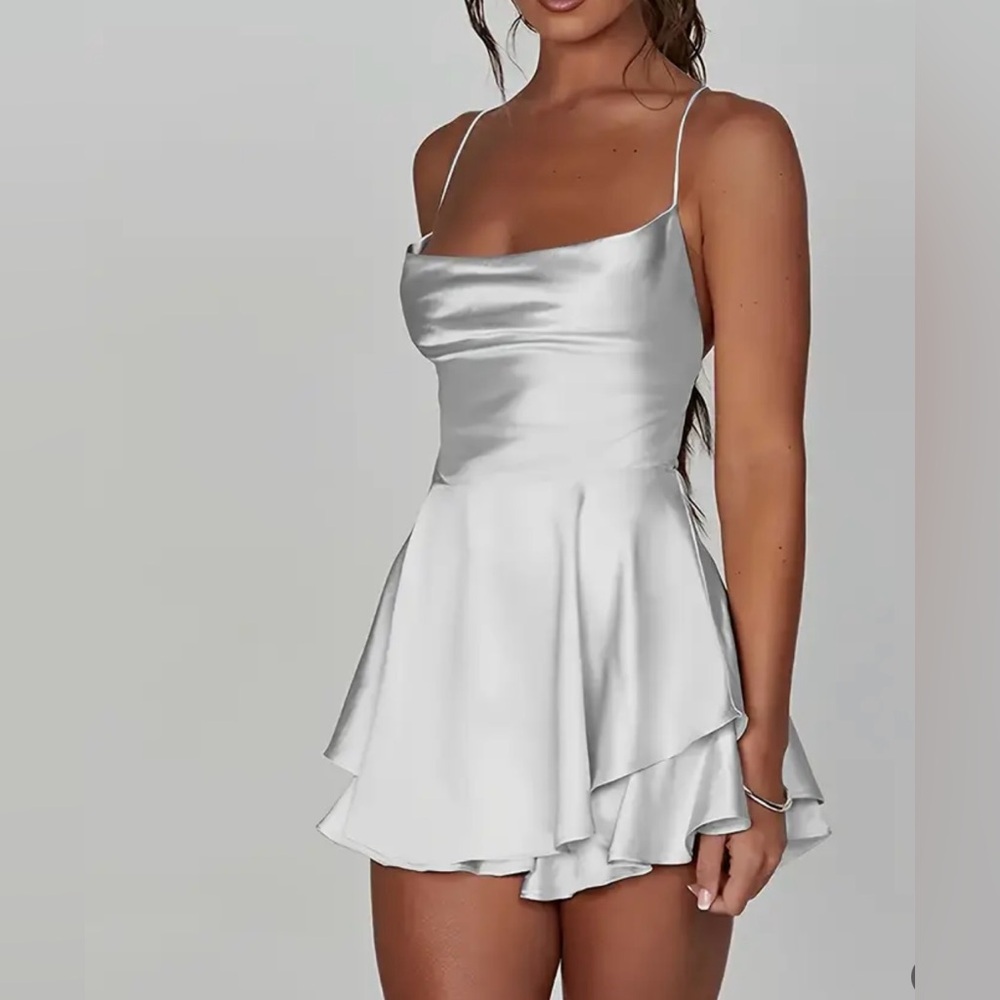 White Satin Cowl Neck Backless Mini Dress - NWOT - Picture 3 of 7